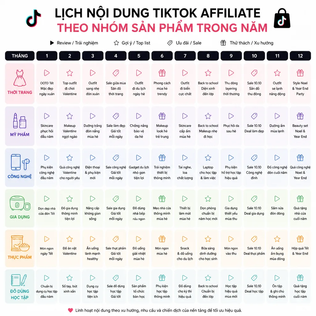 Lịch mùa cao điểm TikTok Affiliate theo từng nhóm sản phẩm