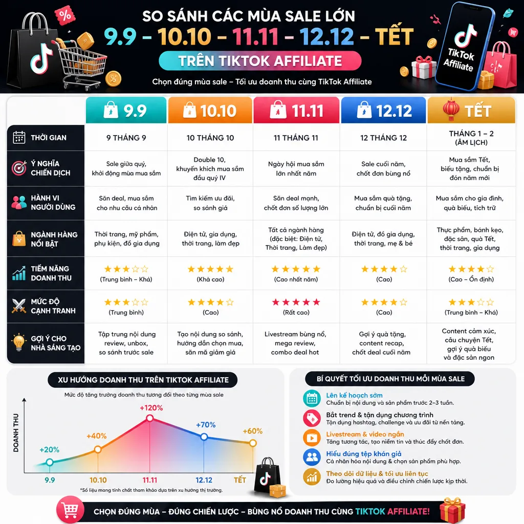 TikTok Affiliate mùa cao điểm nào tốt nhất? So sánh 9.9, 10.10, 11.11, 12.12 và Tết